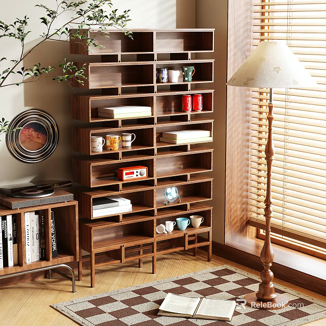 Modern Wooden Shelving Unit With Books Cups Decor In Living Room Interior 3d model 