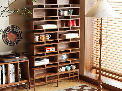 Modern Wooden Shelving Unit With Books Cups Decor In Living Room Interior 3d model