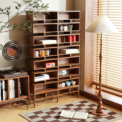 Modern Wooden Shelving Unit With Books Cups Decor In Living Room Interior 3d model