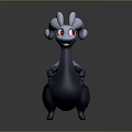 3D Animated Fantasy Creature Character With Blue Curly Ears Red Glowing Eyes Black Body Standing Posture