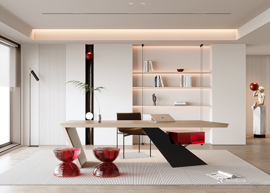 Modern Study Room Interior Design With Wooden Desk White Bookshelves Green Plant And Red Stools 3d model 