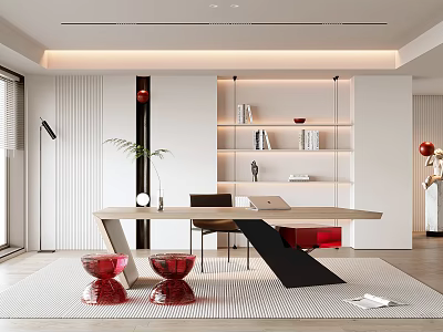 Modern Study Room Interior Design With Wooden Desk White Bookshelves Green Plant And Red Stools 3d model