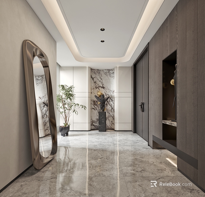 Modern Entryway Hallway Interior Design With Large Oval Mirror Marble Accent Plant And Storage Cabinet 3d model 