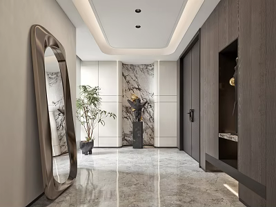 Modern Entryway Hallway Interior Design With Large Oval Mirror Marble Accent Plant And Storage Cabinet 3d model