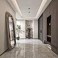 Modern Entryway Hallway Interior Design With Large Oval Mirror Marble Accent Plant And Storage Cabinet