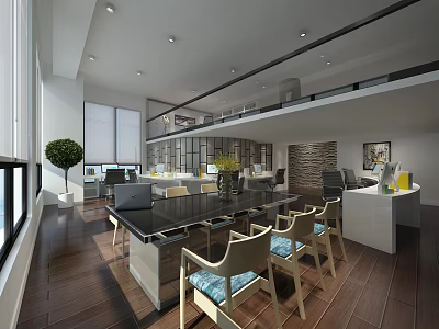 Modern Public Office Space With Open Loft Design Wooden Flooring Stone Wall And Green Plants 3d model