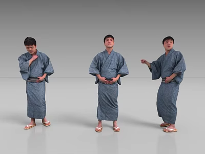 Three Men In Traditional Kimono With Different Poses Against Gray Background Standing In Wooden Clogs 3d model