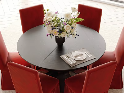 Round Black Dining Table Set With Red Chairs And Floral Vase Tableware 3d model