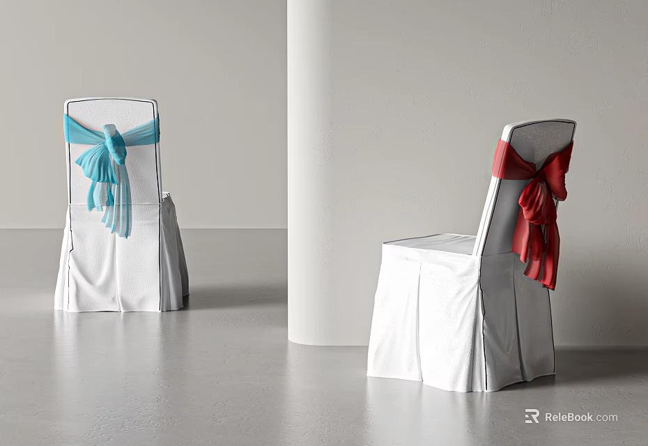 Elegant Dining Chairs With White Chair Covers Blue And Red Bows On Gray Floor 3d model 