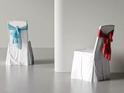 Elegant Dining Chairs With White Chair Covers Blue And Red Bows On Gray Floor 3d model