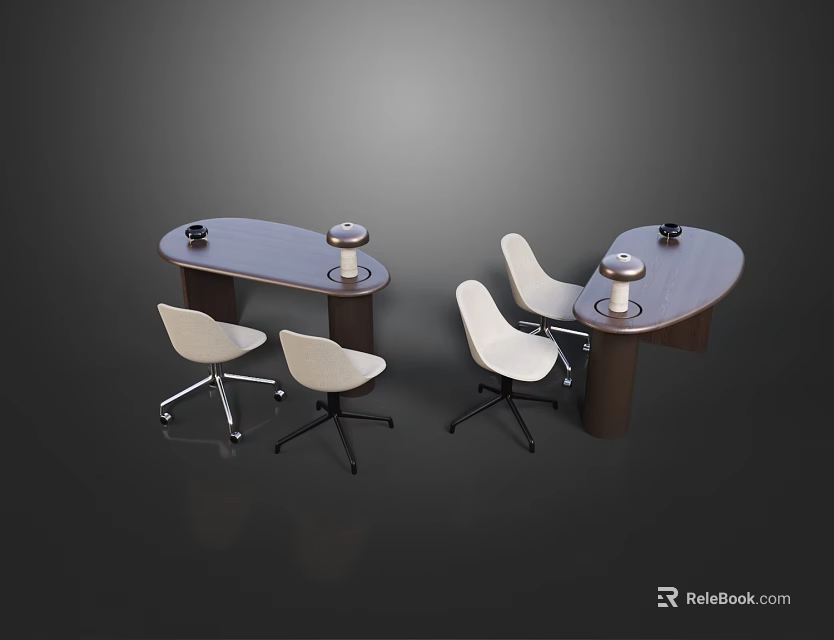 Two Dark Brown Office Desks With White Swivel Chairs And Silver Cups 3d model 