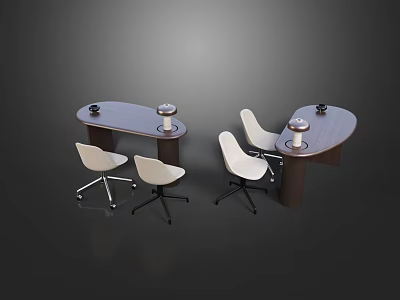Two Dark Brown Office Desks With White Swivel Chairs And Silver Cups 3d model