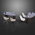 Two Dark Brown Office Desks With White Swivel Chairs And Silver Cups