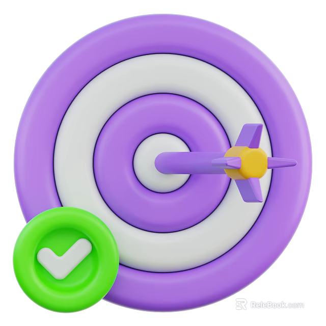 Purple Dartboard With White Concentric Circles And Purple Dart Yellow Center Green Circular Checkmark Icon 3d model 