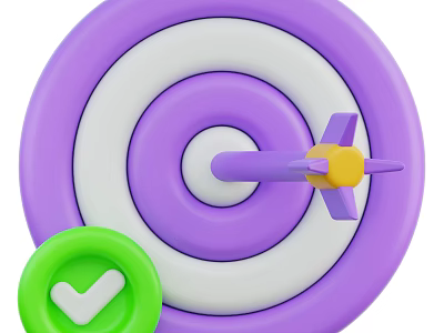 Purple Dartboard With White Concentric Circles And Purple Dart Yellow Center Green Circular Checkmark Icon 3d model
