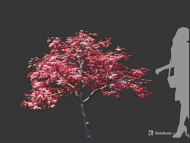 Vibrant Red Leaf Arbor with Lush Canopy and Female Silhouette Nearby 3d model 