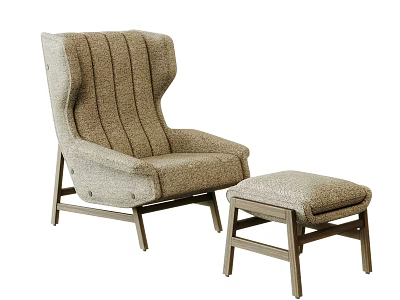 Striped Upholstered Leisure Chair With High Back Wooden Legs And Matching Ottoman 3d model