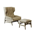 Striped Upholstered Leisure Chair With High Back Wooden Legs And Matching Ottoman