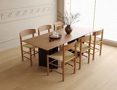 Minimalist Wooden Dining Table and Chairs Set with Natural Rattan Seats and Decorative Vase 3d model