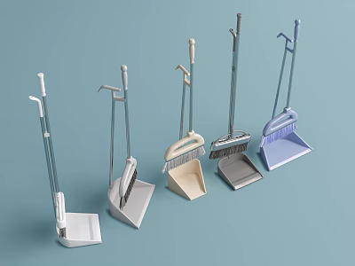 Different Cleaning Tools Collection With Brooms And Dustpans On Light Blue Background 3d model