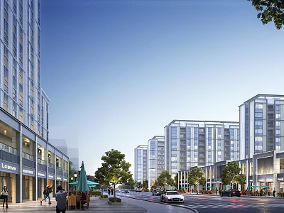 Vibrant Modern Commercial Street With Tall Buildings Shops Trees Pedestrians And Vehicles 3d model