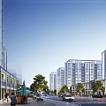 Vibrant Modern Commercial Street With Tall Buildings Shops Trees Pedestrians And Vehicles