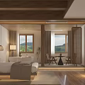 Hotel Guest Room Interior With Wooden Beams Flooring Bed Pillows Pendant Lights And Bathtub