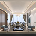 Elegant Modern Private Room Interior With Sofa Dining Table Chandelier And Curtains 3d model