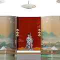 Elegant Traditional Screen With Red Panel Landscape Art Featuring Female Figure Hanging Lamps And Reflection