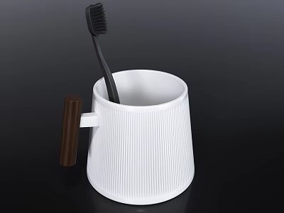 White Ribbed Bathroom Cup With Wooden Handle And Black Toothbrush 3d model
