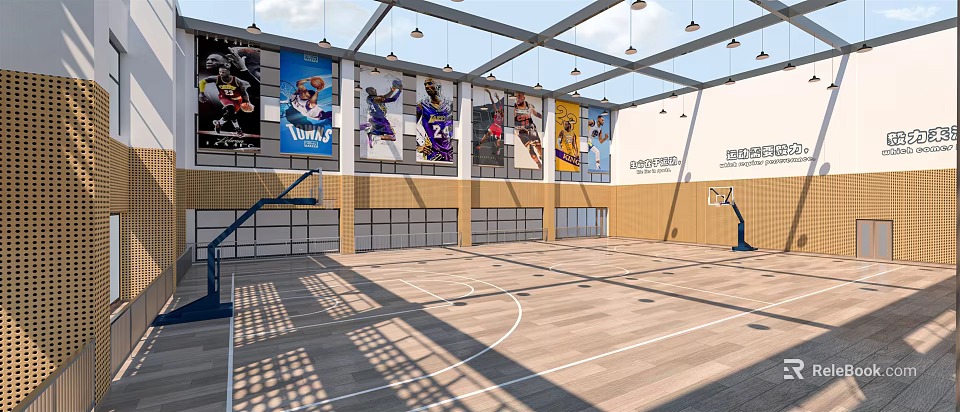 Spacious Basketball Gym Featuring Open Ceiling Suspended Lights Basketball Player Posters Wooden Floor And Hoop 3d model 