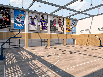 Spacious Basketball Gym Featuring Open Ceiling Suspended Lights Basketball Player Posters Wooden Floor And Hoop 3d model