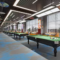 Modern Billiard Room Interior With Multiple Tables Sofas Plants Ceiling Lighting And Large Windows 3d model