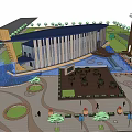 Elegant Modern Sales Office Building With Water Feature Flower Beds And Pedestrians