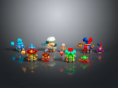 Colorful Cartoon Game And Movie Characters With Different Costumes On Reflective Surface 3d model