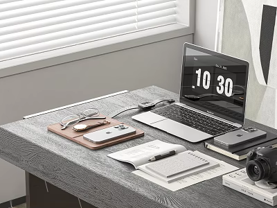 Modern Laptop Setup On Desk With Smartphone Eyeglasses Notebook And Camera 3d model
