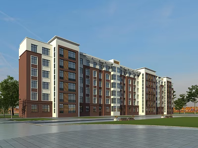 Multi Story Residential Building With Brick Red And White Exterior Green Lawn And Trees 3d model