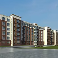 Multi Story Residential Building With Brick Red And White Exterior Green Lawn And Trees