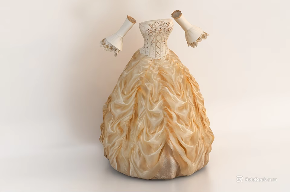 Elegant Vintage Gold Satin Dress With Ruffled Skirt Intricate Bodice And White Lace Cuffs 3d model 