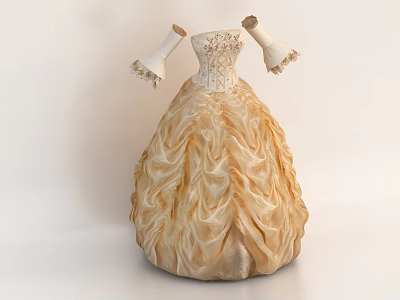 Elegant Vintage Gold Satin Dress With Ruffled Skirt Intricate Bodice And White Lace Cuffs 3d model