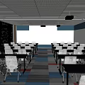 Conference Room Interior With White Chairs Black Tables Colorful Carpet Ceiling Pendants