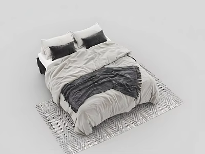 Modern Double Bed with Gray Black Quilt Pillows and Geometric Pattern Rug 3d model