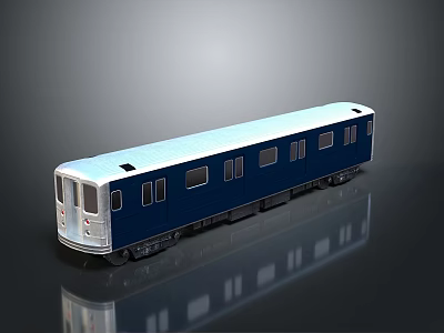 Blue And White Sleek Train Carriage With Multiple Windows On Reflective Surface 3d model