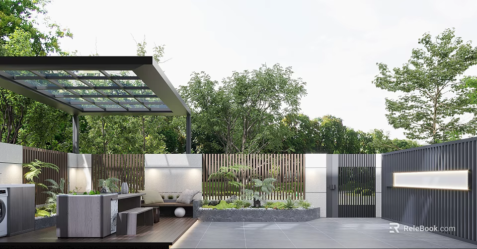 Modern Garden Landscape Design With Glass Roof Pergola Wooden Fence Outdoor Seating And Green Plants 3d model 