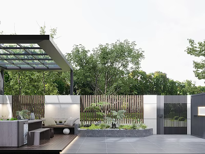Modern Garden Landscape Design With Glass Roof Pergola Wooden Fence Outdoor Seating And Green Plants 3d model