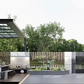 Modern Garden Landscape Design With Glass Roof Pergola Wooden Fence Outdoor Seating And Green Plants