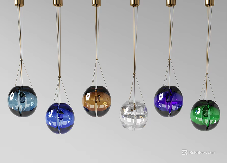 Colorful Glass Ball Pendant Lights Hanging on Gold Chains with Multiple Colors 3d model 