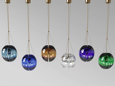 Colorful Glass Ball Pendant Lights Hanging on Gold Chains with Multiple Colors 3d model