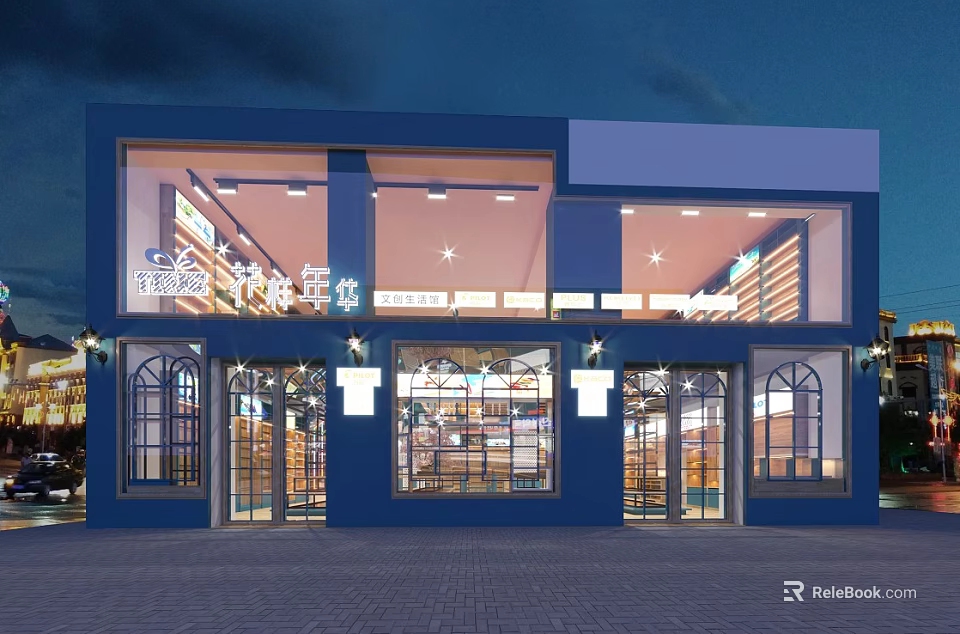 Modern Blue Store Exterior With Glass Doors Windows And Night Lighting 3d model 