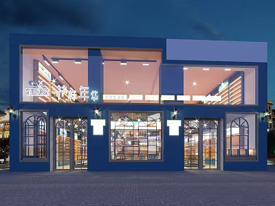 Modern Blue Store Exterior With Glass Doors Windows And Night Lighting 3d model